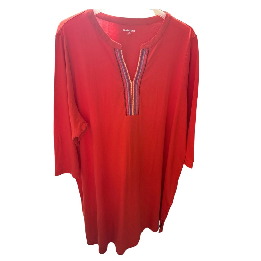 Lands’ End Women's Plus Size Cotton Swim Cover-up Embroidered Compass Red 3X